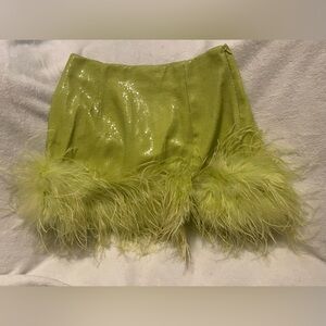 QUEEN OF SPARKLES Lime Green Sequin Feathered Skort